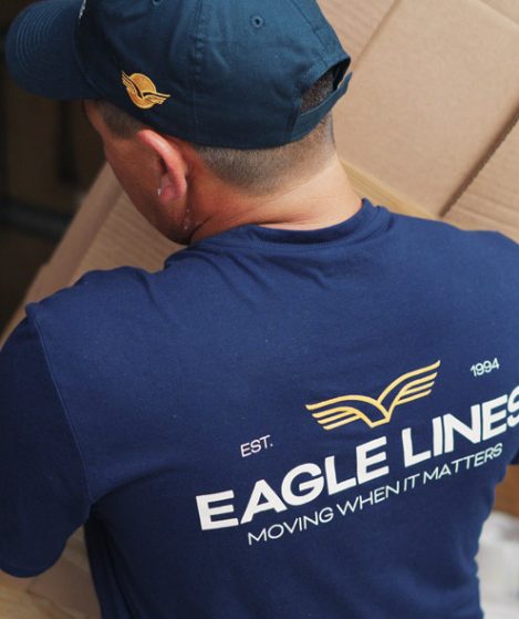 Man carrying box into moving truck.