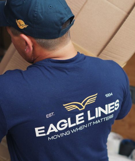 Man carrying box into moving truck.